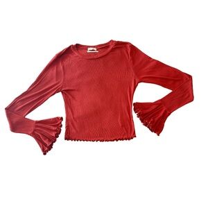 ❤️ Ribbed Red Long Sleeve Crop Top | Lettuce Hem Bell Sleeve Top | s m l xl